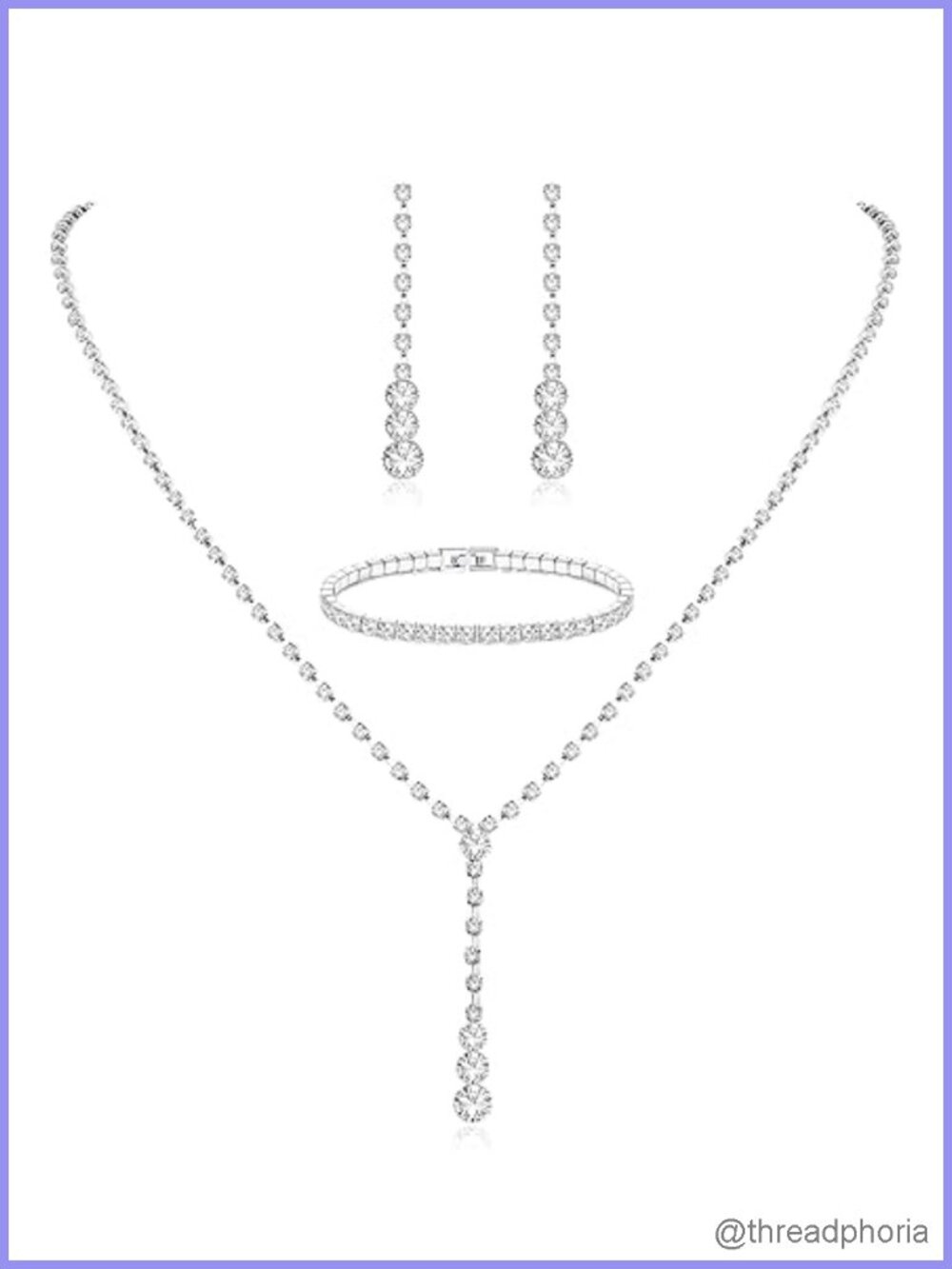 Bridal Jewelry Set Rhinestone Necklace Dangle Earrings Bracelet Silver
